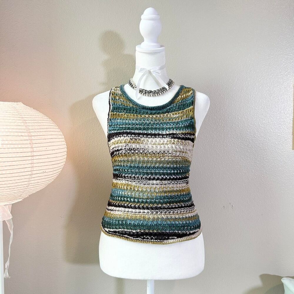 Urban Outfitters earthy teal striped sheer crochet strappy tie halter top XXS